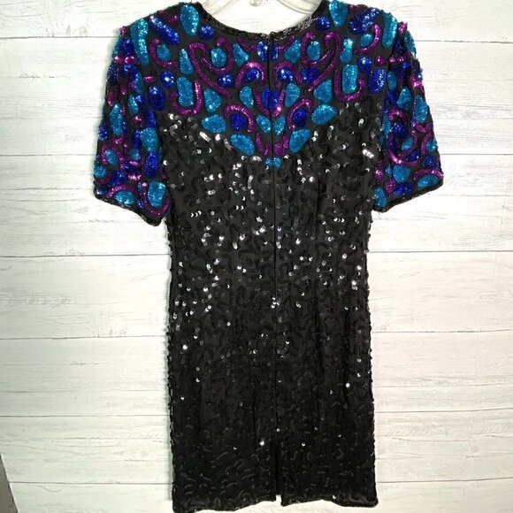 Vintage Stenay 100% Silk Black Sequin Beaded Evening Party Formal Dress - Picture 5 of 6